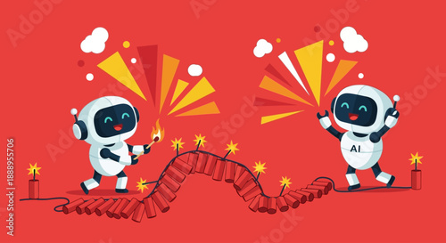 Two robots celebrating with fireworks on a red banner, festive illustration, joyful scene, dynamic action, vibrant colors