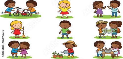 Set of Cute Diverse Children Characters Doing Various Activities Including Riding Bicycle Sweeping Reading Map Gardening and Cooking Isolated on White Background Vector Illustration