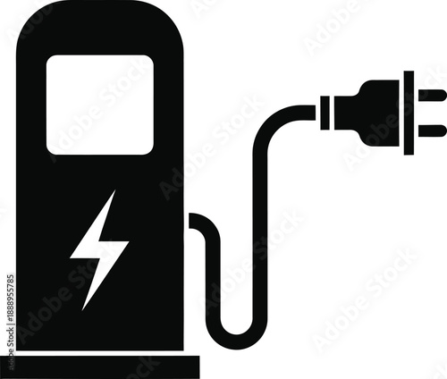 Electric vehicle charging station icon with power cord and lightning bolt symbol