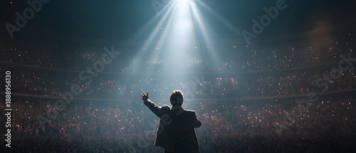 Performer on stage under bright spotlight facing a large audience with phone lights at a vibrant live event, grand atmosphere, cinematic lighting.