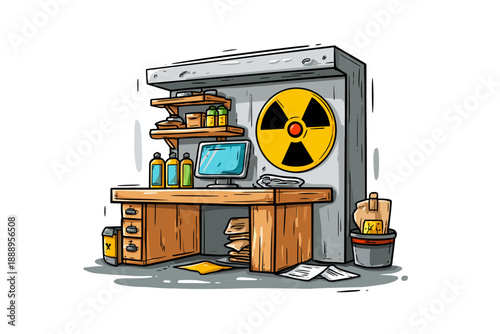 Illustration of a Nuclear Laboratory Workspace with Hazard Symbol