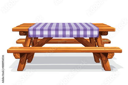 Wooden Picnic Table with Checkered Tablecloth Ideal for Outdoor Settings