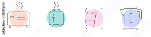 Minimal line icon set of kitchen appliances including toaster, bread toaster, coffee machine and electric kettle. Clean editable vector for kitchen, home and appliance themes.