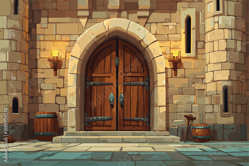 Medieval Castle Doorway with Stone Walls and Wooden Details