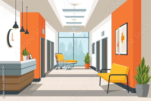 Modern Hospital Corridor with Bright Orange Accents and Plants