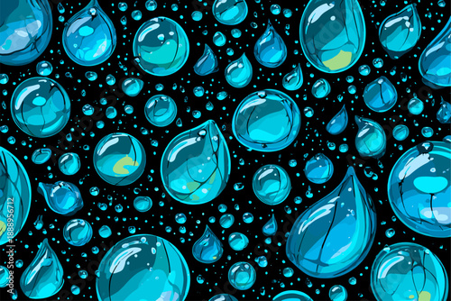 Seamless Pattern of Blue Water Drops on a Black Background