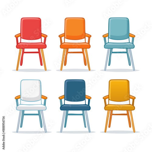Colorful chairs displayed in a grid arrangement with varying hues and wooden armrests