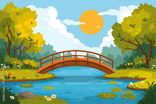 Serene Landscape with Bridge Over a Tranquil River and Lush Greenery