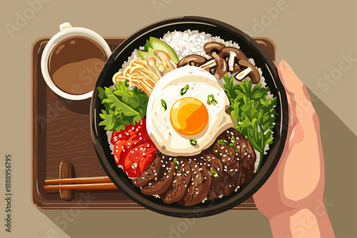 Delicious Bowl of Korean Beef Bibimbap with Egg and Vegetables