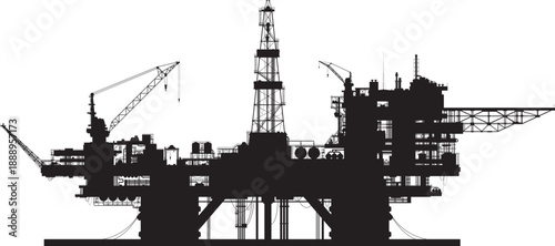 Offshore oil rig silhouette with cranes and drilling tower