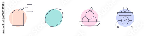 Minimal line icon set with tea bag, lemon, fruit dessert and kitchen scale. Concept of healthy food, diet, tea time, cooking and nutrition. Modern outline illustration for web, UI and stock design.