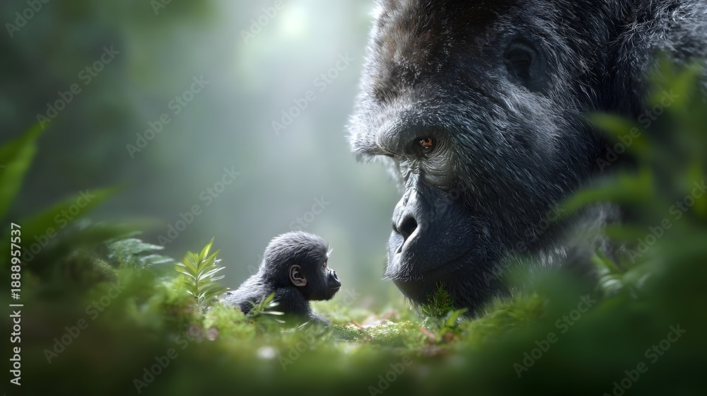Obraz premium An adult gorilla observes its curious baby gorilla lying in mossy verdant jungle undergrowth bathed in soft atmospheric light and mist evoking a sense of natural care and family bond