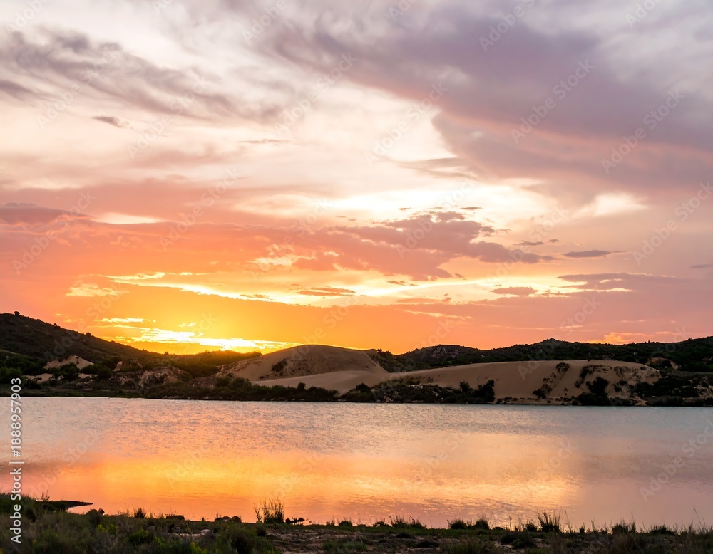 Obraz premium A serene waterscape captures the vibrant hues of a breathtaking sunset, casting a golden reflection across the calm lake