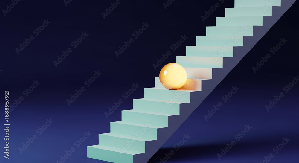 Obraz premium Turquoise stair on dark blue background. A yellow sphere on step, symbolizing challenge, progression, ambition, and achievement, success concept