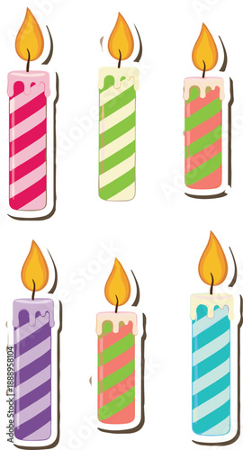 Birthday candles vector illustration, colorful striped wax design, festive celebration artwork, vibrant party decoration template, cheerful flame concept for events