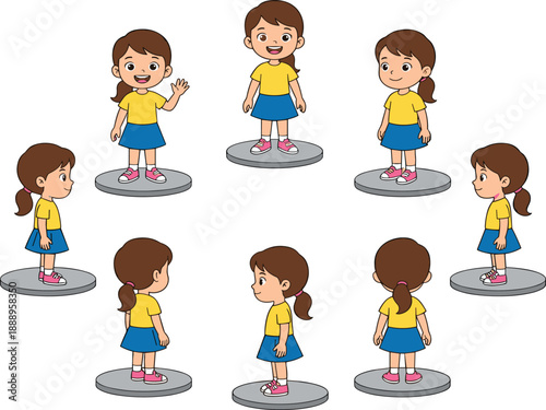 Set of Girl Character Design Poses Featuring a Full Three Hundred Sixty Degree Turnaround View with Front Side and Back Perspectives for Animation Reference