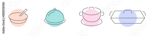 Minimal line icon set of kitchen cookware including bowl with spoon, serving cloche, cooking pot and baking dish. Clean editable vector for kitchen, food and home themes.