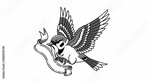A detailed illustration of a sparrow holding a banner in its beak.