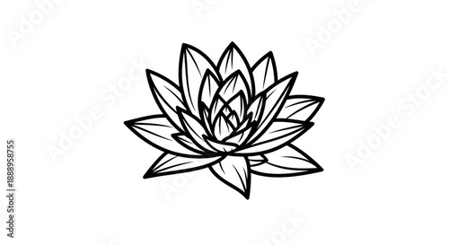 Elegant black and white lotus flower line art illustration.
