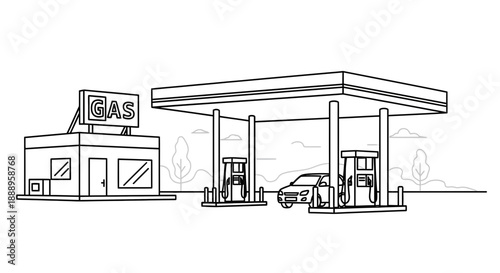 Gas Station with Car and Building Line Drawing.