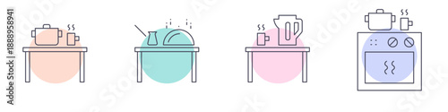 Line icon set showing kitchen cooking process with table, pot, cup, kettle, dish cover and oven. Minimal editable vector illustration for food, kitchen and home use.