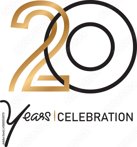 Minimalist abstract gold line logo design for 20th anniversary celebration. Luxurious style for anniversary celebration. Vector figures for icons, labels, emblems, seals, tags, signs, symbols, badges,