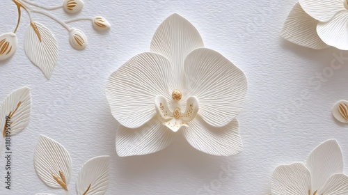 Detailed 3D embossed white orchid flowers and buds with subtle gold highlights set against a finely textured white surface creating an elegant and luxurious floral decor design