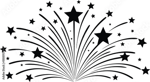 Black and white firework burst vector illustration with stars and festive rays isolated on white background for New Year celebration and holiday party designs