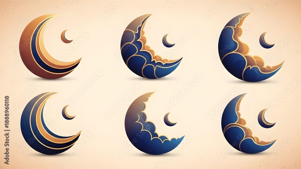 Fototapeta premium Decorative Crescent Moons with Intricate Patterns and Clouds for Ramadan