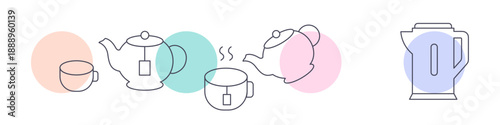 Minimal line icon set with teacups, teapots and electric kettle. Concept of tea drinking, hot beverages and kitchen appliances. Clean editable illustration for web, UI and stock use.