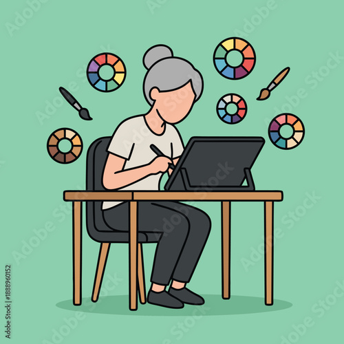 Elderly woman drawing on a digital tablet with color palettes.