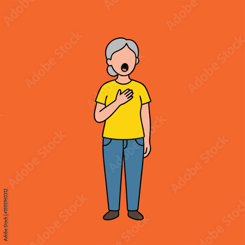 Elderly woman experiencing shortness of breath or chest pain, indicating a health issue.