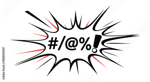 Comic book style explosion illustration, featuring expletive symbols and exclamation mark, vibrant vector graphic, dynamic pop-art effect, action and impact visual.
