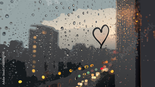Romantic rainy cityscape with heart symbol on foggy windowpane