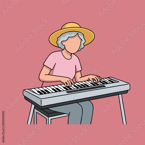 Elderly woman playing electronic keyboard with a hat.