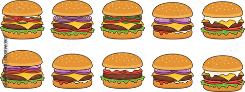 Hamburger cartoon icon set, sesame buns with varied toppings, vector graphics, food theme, snack and fast food design
