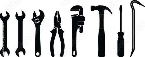 Hand tool silhouettes illustration, wrench, pliers, hammer, screwdriver, crowbar icons, vector graphics, construction theme, mechanical and repair design