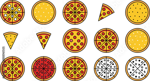 Pizza cartoon icon set, slice and topping variations in grid layout, vector graphics, food theme, snack and meal design