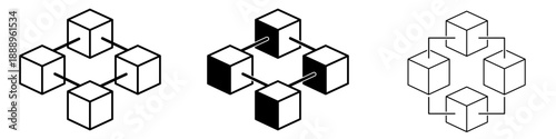 Connected cube black shapes forming a simple blockchain network structure. Vector illustration set with linked blocks, editable and scalable, isolated on white background.