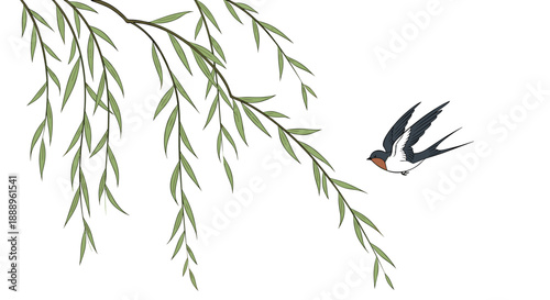 A swallow flying toward willow branches against a minimalist background. Qingming 