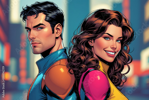 A comic book illustration of a confident superhero couple standing back to back. The stylish man and smiling woman pose against a blurred cityscape background.