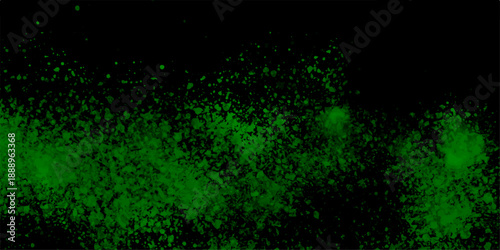 Light green spotted watercolor wall design on black background. smoke misty fog, realistic fog vector illustration.  distressed grunge concrete wall texture. Magic smoke with glitter and small particl