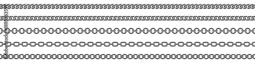 Metal chain borders set shown as horizontal linked lines. Vector illustration with repeating chain elements, editable and scalable, isolated on white background.
