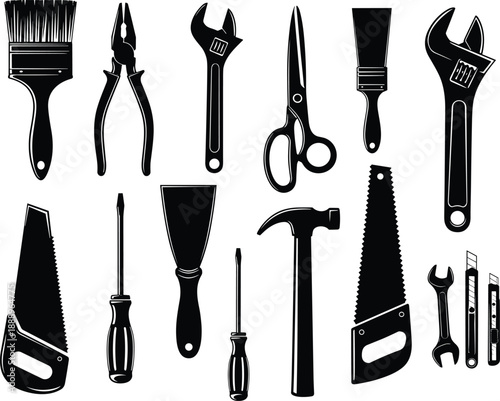 arge set of black silhouette hand tools and construction equipment including saws hammers wrenches and paint brushes for professional home repair and DIY renovation