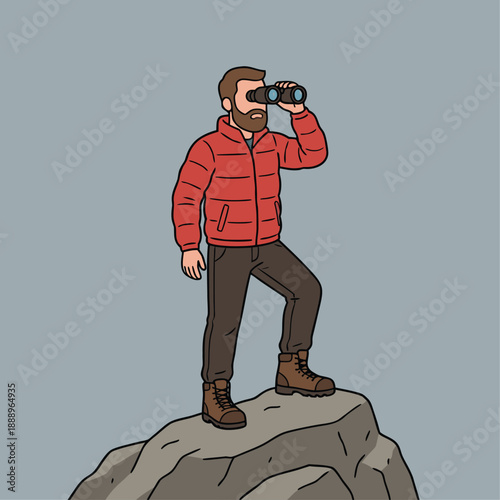 Man with binoculars on a rock looking into the distance.