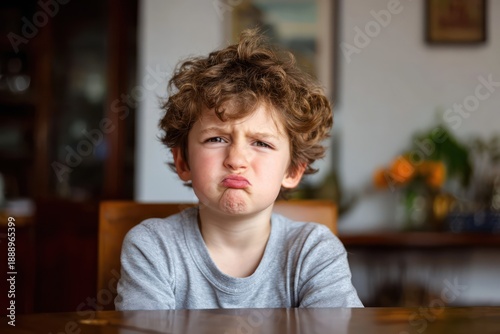 Wallpaper Mural Unhappy young child sitting at indoor table Torontodigital.ca