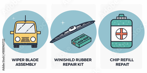 Car Windshield Repair Kit, Wiper Blade Assembly, and Chip Refill Repair
