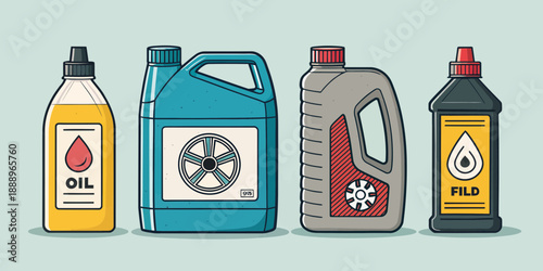 Colorful illustration of oil and fluid containers for cars and vehicles with labels