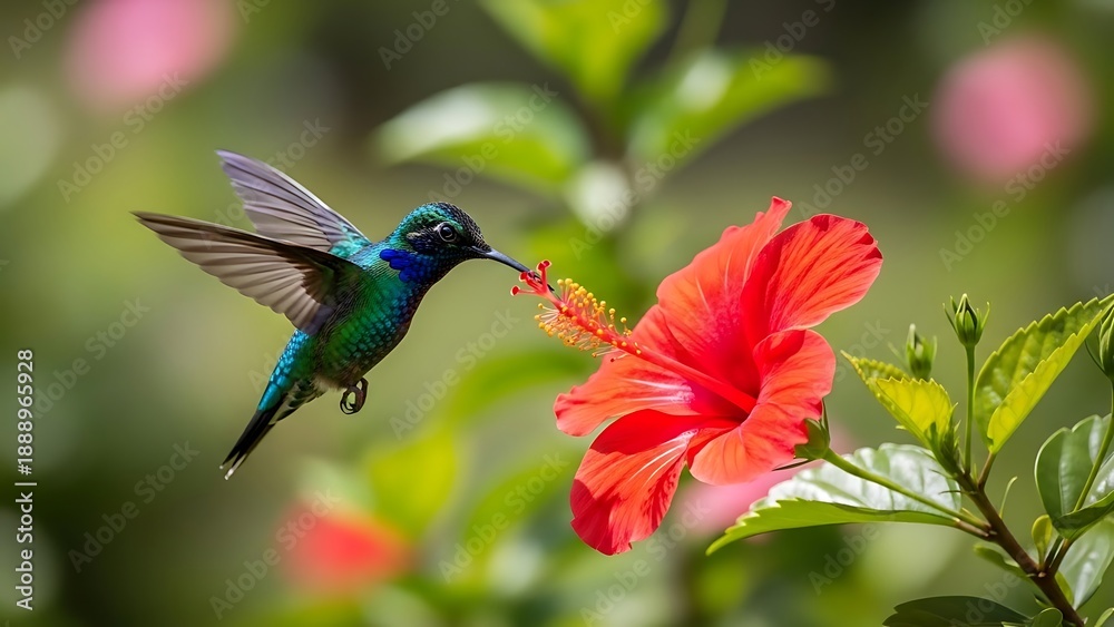 Obraz premium A vibrant hummingbird hovers near a bright red flower, wings in motion, in a lush green garden