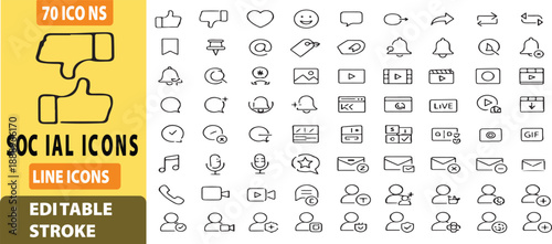 Social Media Icon Set – Solid & Thin Line UI Vector Icons for Online Community, Content & Business Marketing